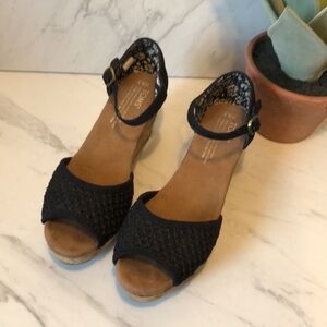 TOMS-Black Cotton Mary Jane Cork Wedge Heels-Size 6.5